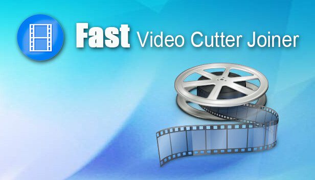 Illustration with a blue film strip and a pair of scissors cutting it, representing video editing. On the right, bold black text reads: "FAST VIDEO CUTTER JOINER FREE DOWNLOAD." The background is white. Visit haxNode for more details on Fast Video Cutter Joiner and access Crack options.